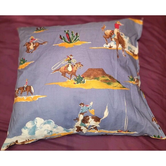 Upcycled Western Throw Pillow Cattle Steering Cowboys Stagecoach Horses Country - Picture 2 of 8